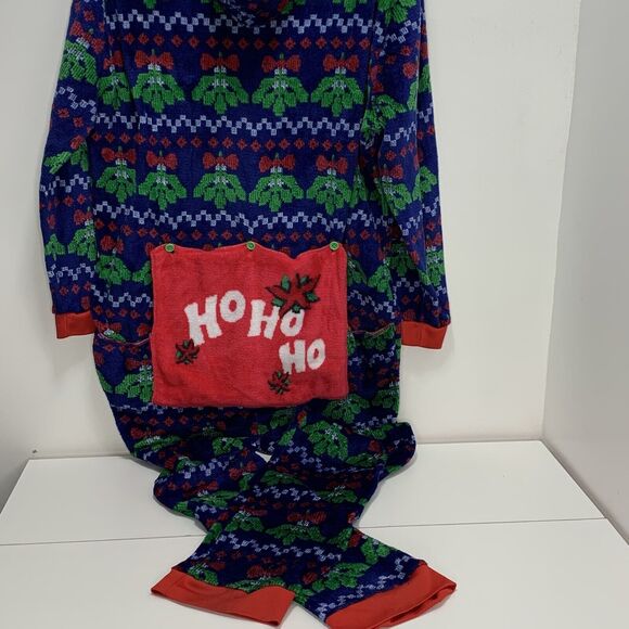 One Piece Kiss Me Christmas Mistletoe Drop Drawer Pajamas w/ Hood XXL Fuzzy - Picture 8 of 8